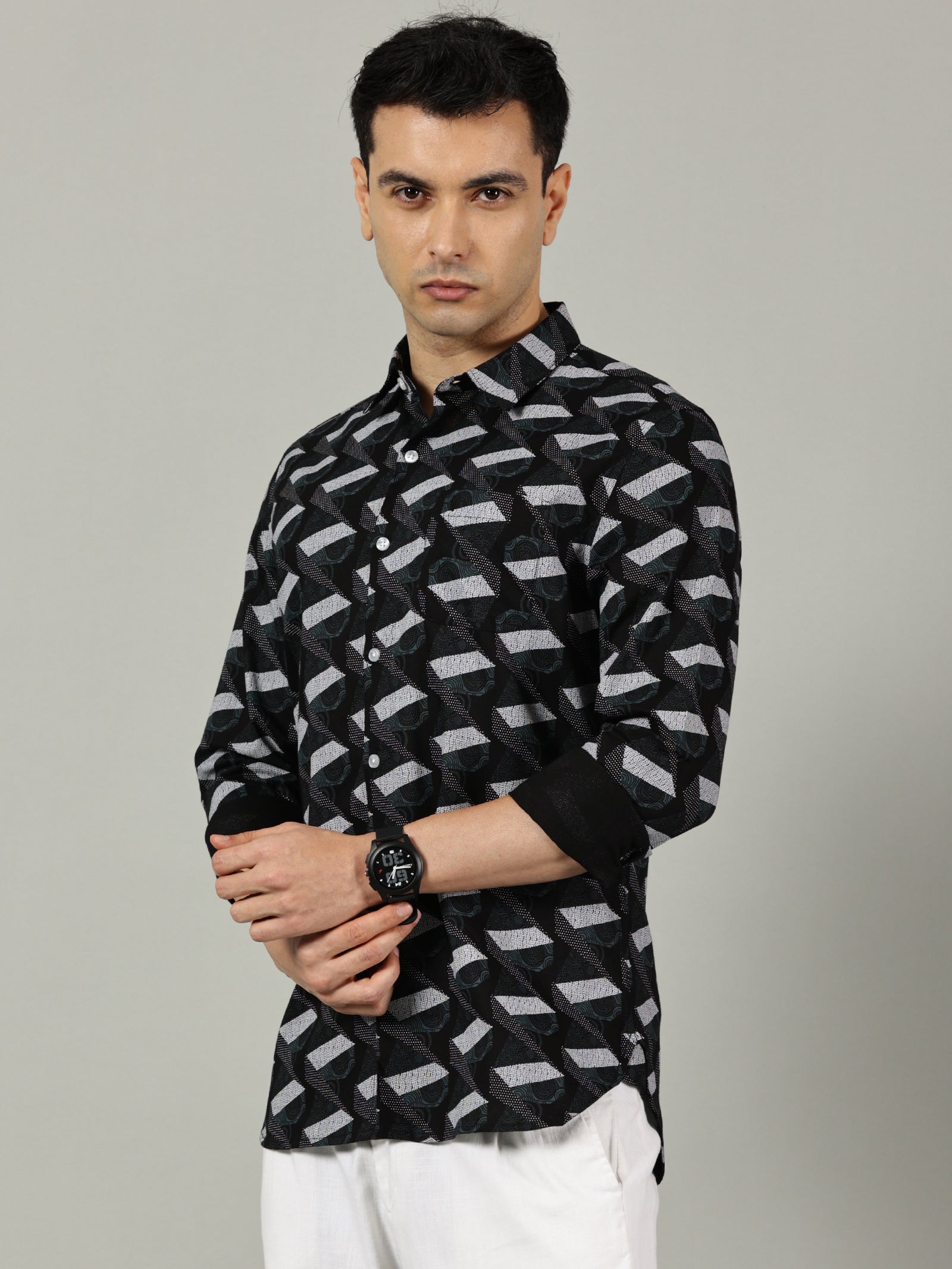 Geometric Black Printed Slim Fit Shirt for Men