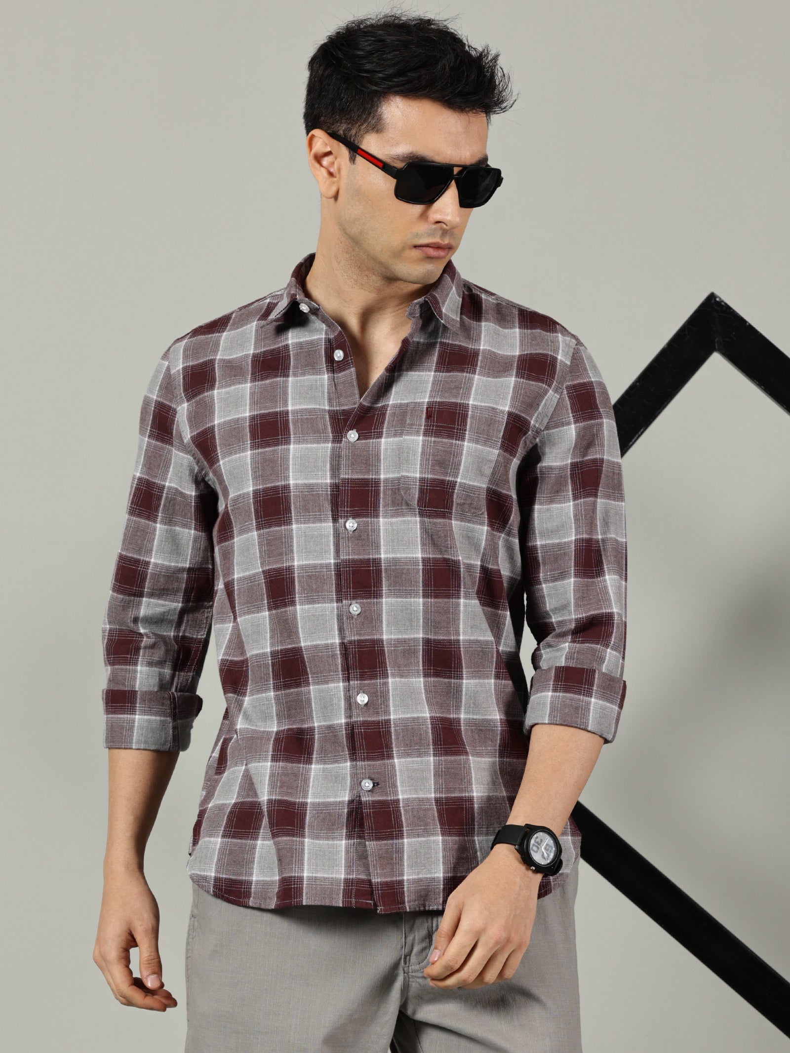 Maroon & Grey Checked Casual Shirt for Men