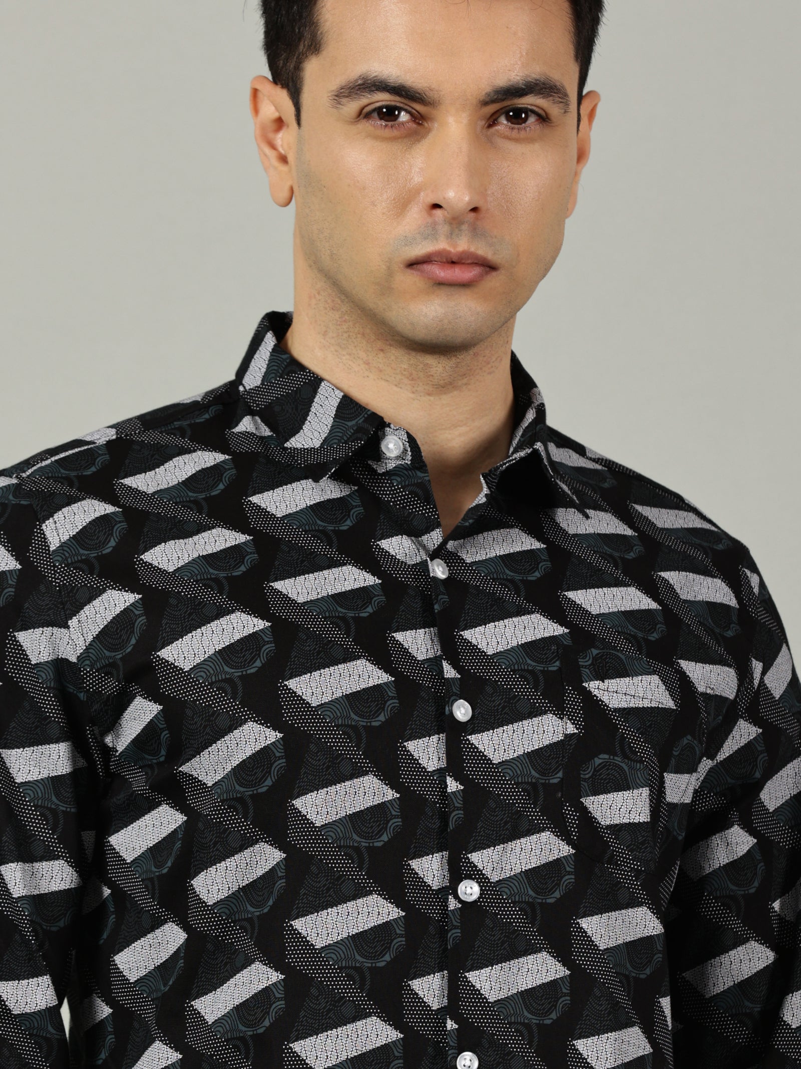 Geometric Black Printed Slim Fit Shirt for Men