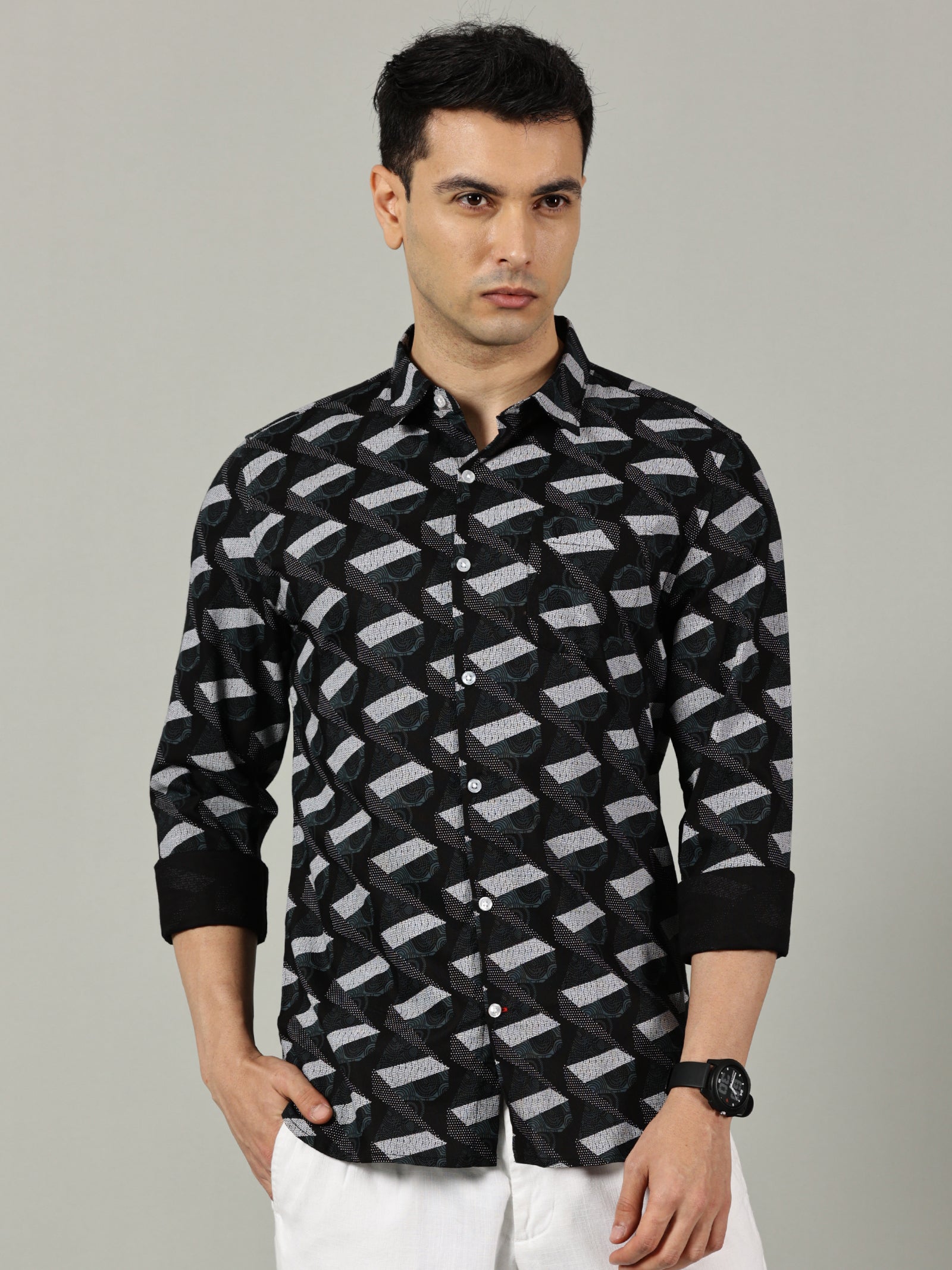 Geometric Black Printed Slim Fit Shirt for Men