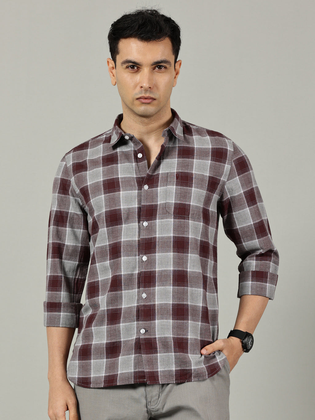Maroon & Grey Checked Casual Shirt for Men