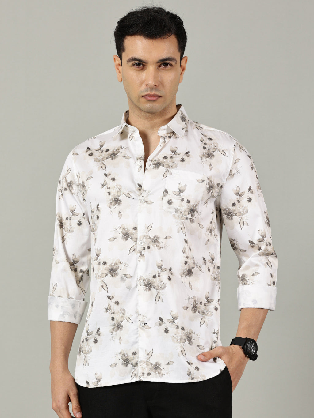 White Slim Fit Patterned Shirt for Men