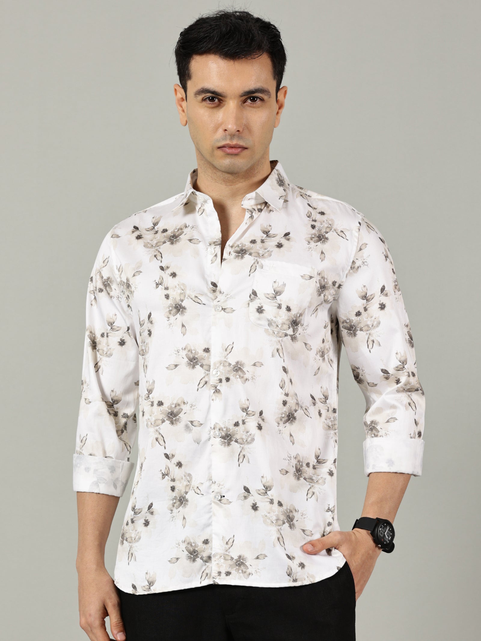 White Slim Fit Patterned Shirt for Men