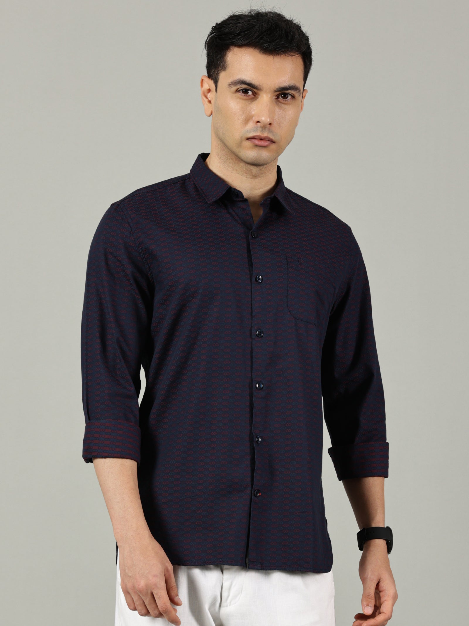 Navy Blue Micro-Printed Slim Fit Cotton Shirt for Men