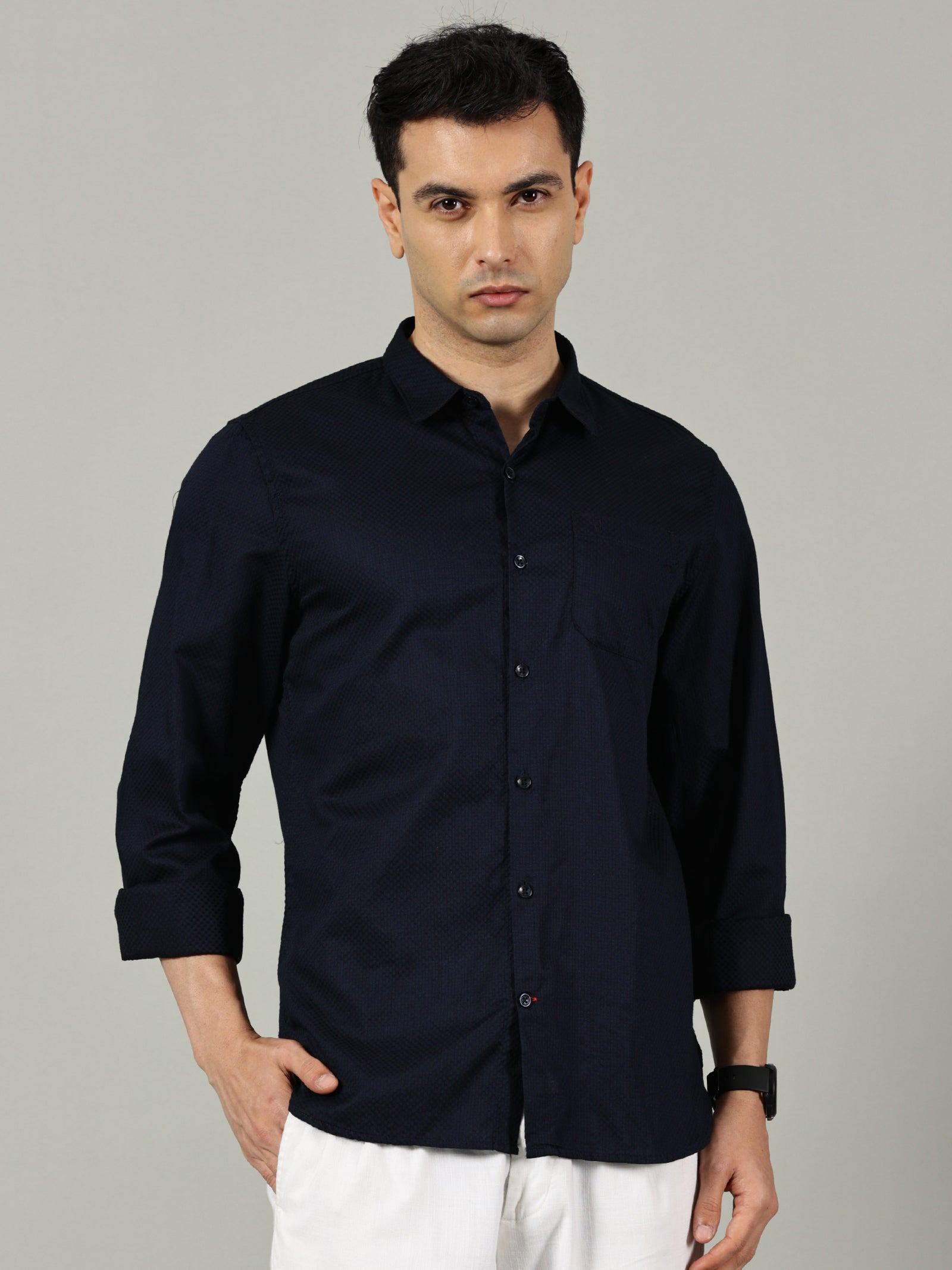 Navy Blue Solid Cotton Casual Shirt for Men