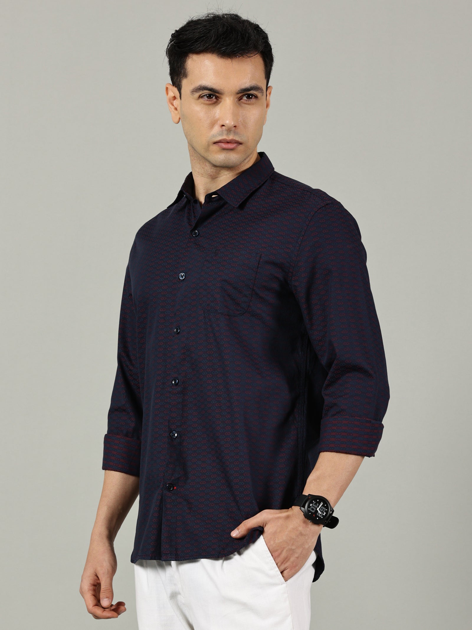 Navy Blue Micro-Printed Slim Fit Cotton Shirt for Men