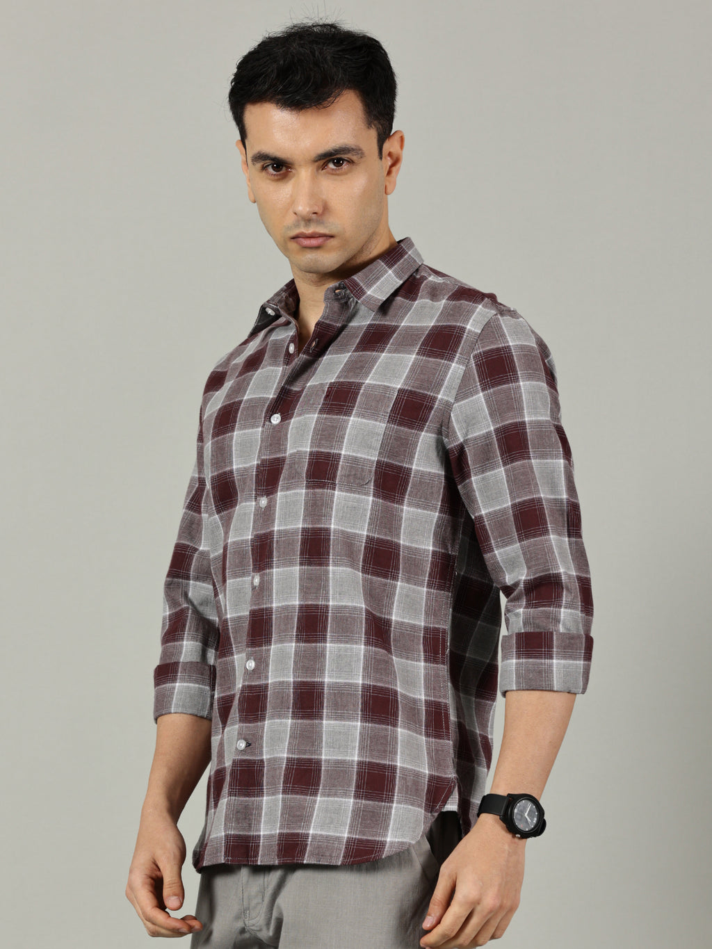 Maroon & Grey Checked Casual Shirt for Men