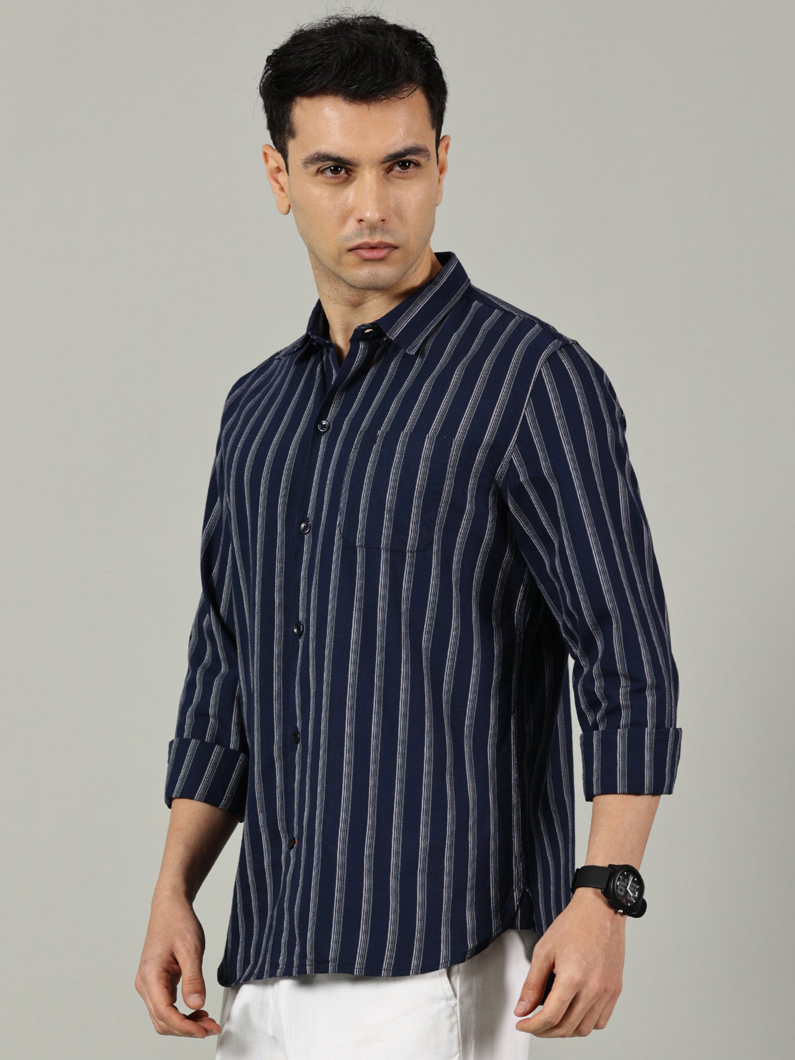 Navy Blue Vertical Striped Slim Fit Shirt for Men