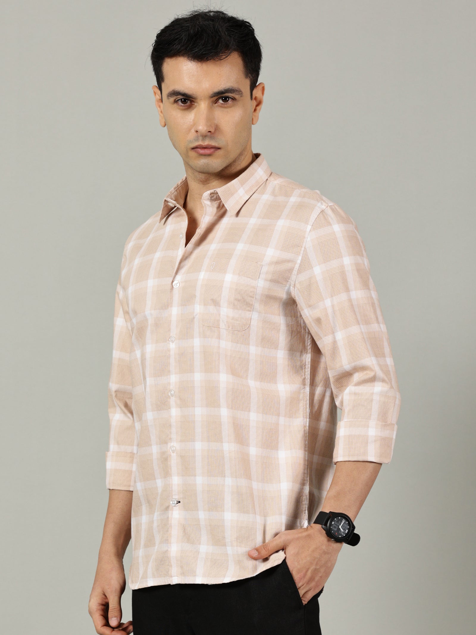 Navy Grey Checked Slim Fit Shirt for Men
