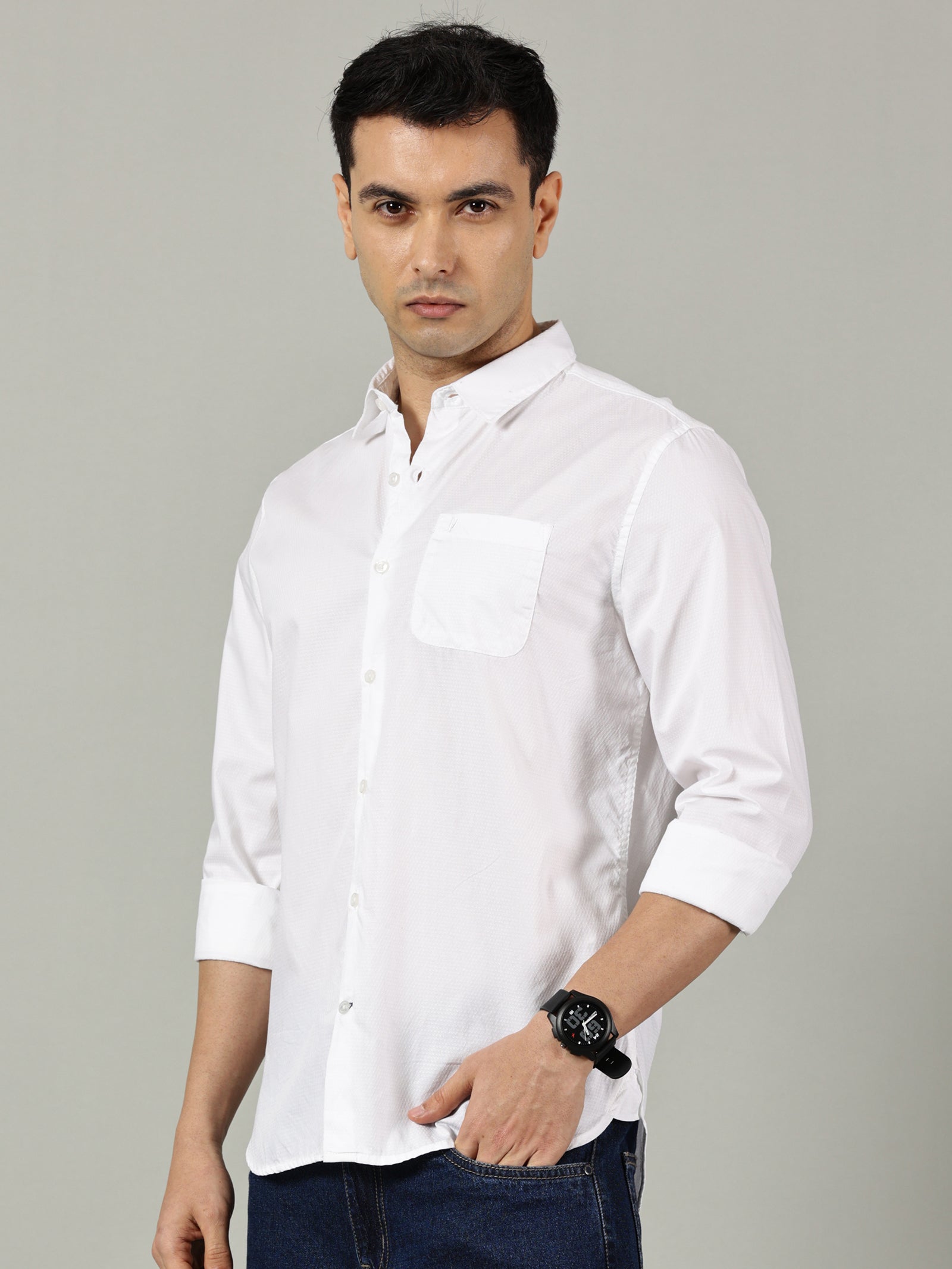 White Solid Slim Fit Cotton Shirt for Men