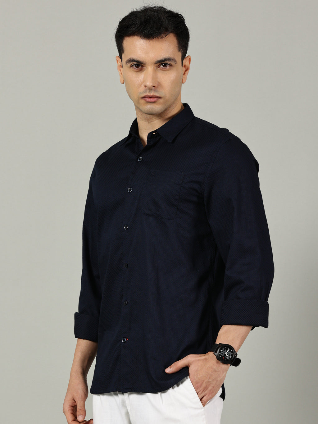 Navy Blue Solid Cotton Casual Shirt for Men