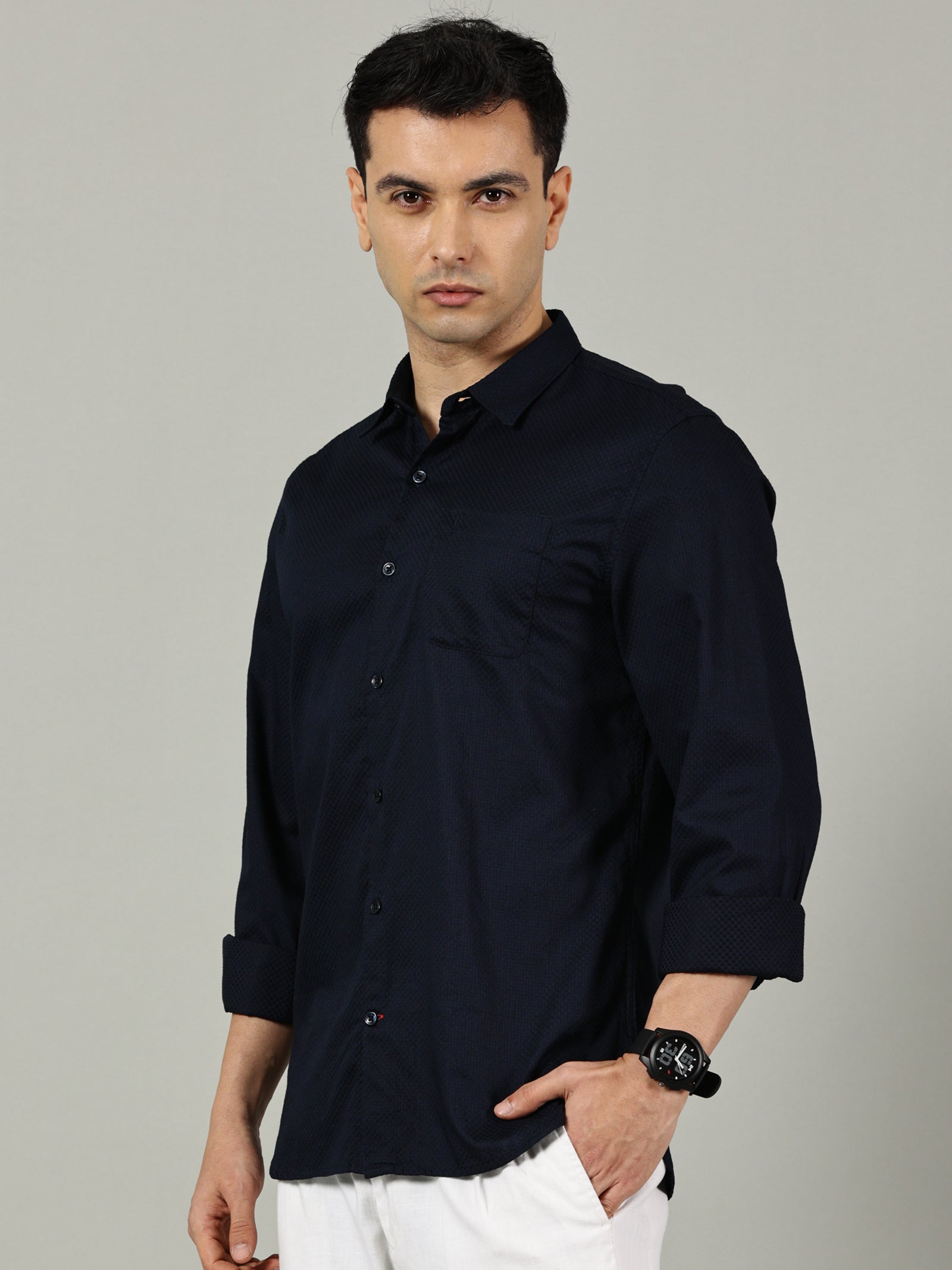 Navy Blue Solid Cotton Casual Shirt for Men