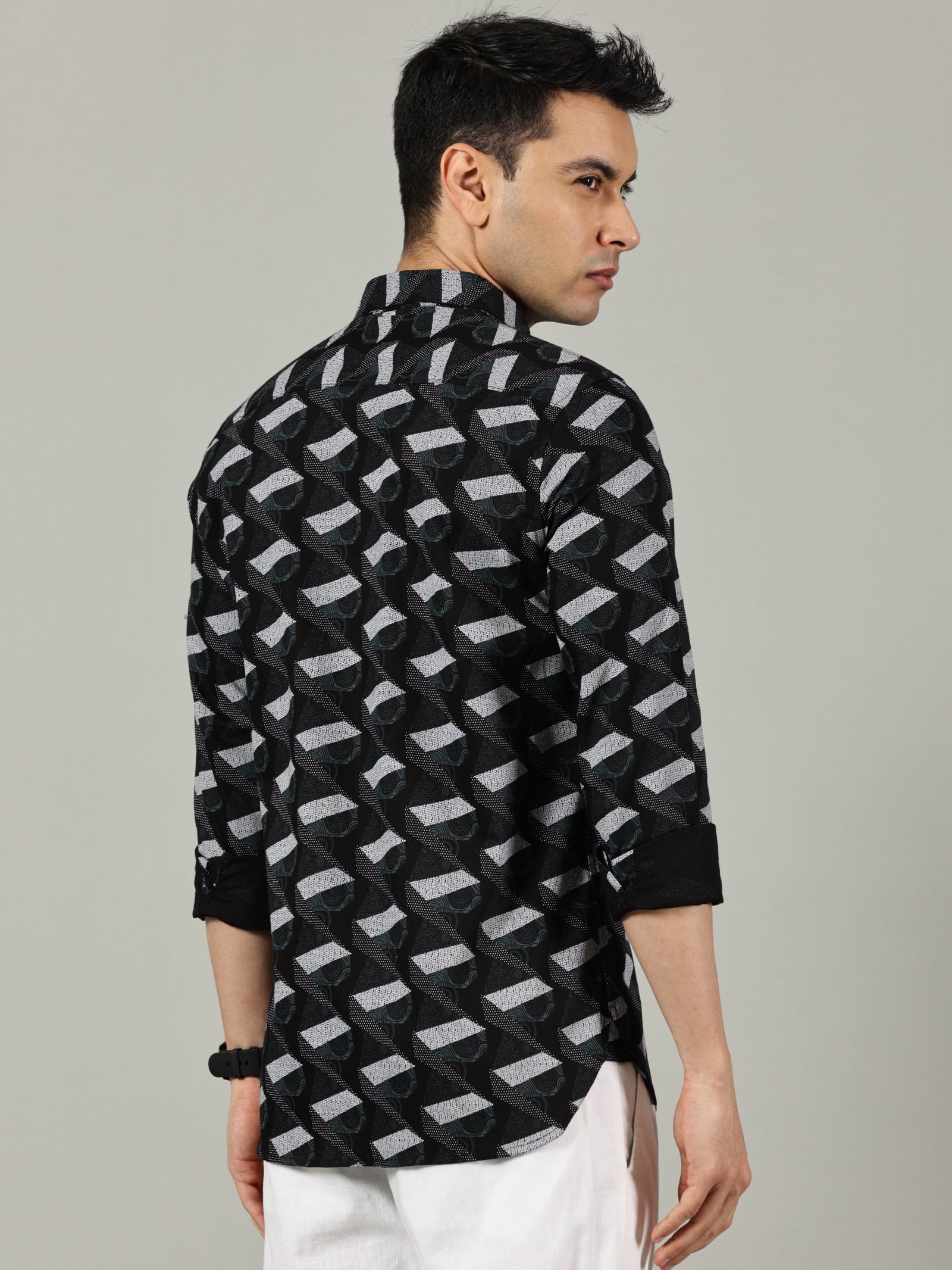 Geometric Black Printed Slim Fit Shirt for Men