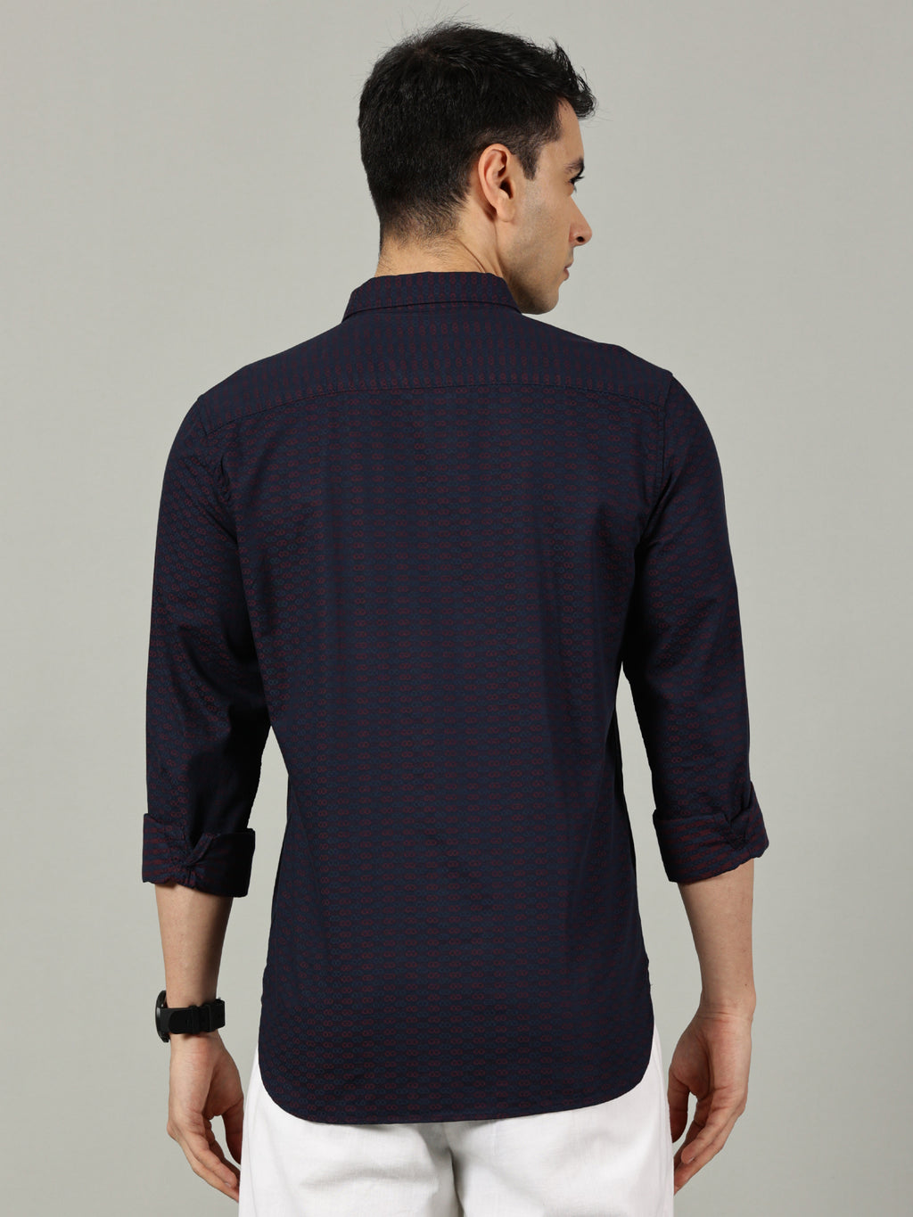 Navy Blue Micro-Printed Slim Fit Cotton Shirt for Men