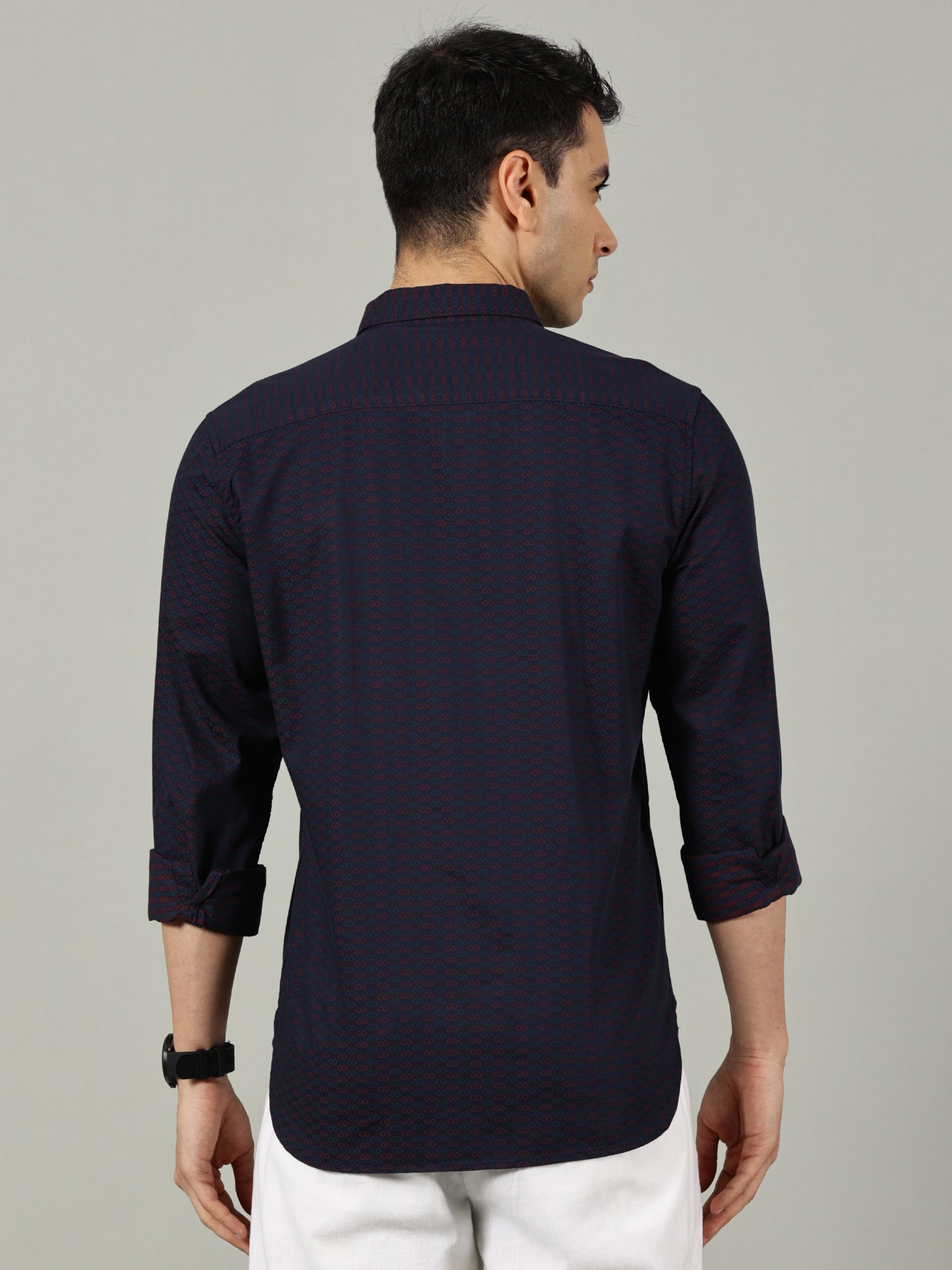 Navy Blue Micro-Printed Slim Fit Cotton Shirt for Men