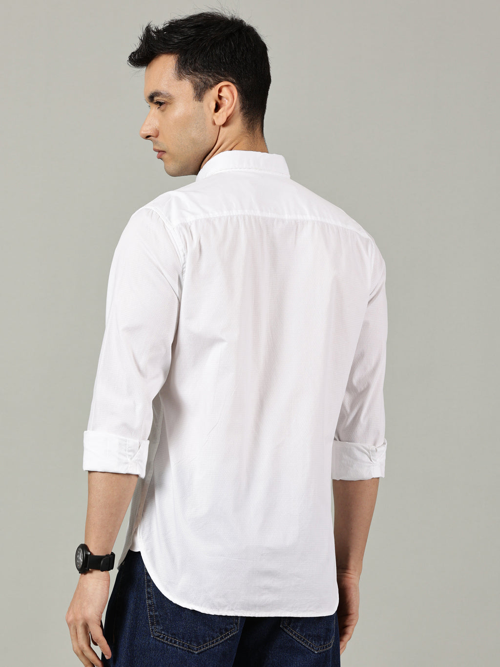 White Solid Slim Fit Cotton Shirt for Men