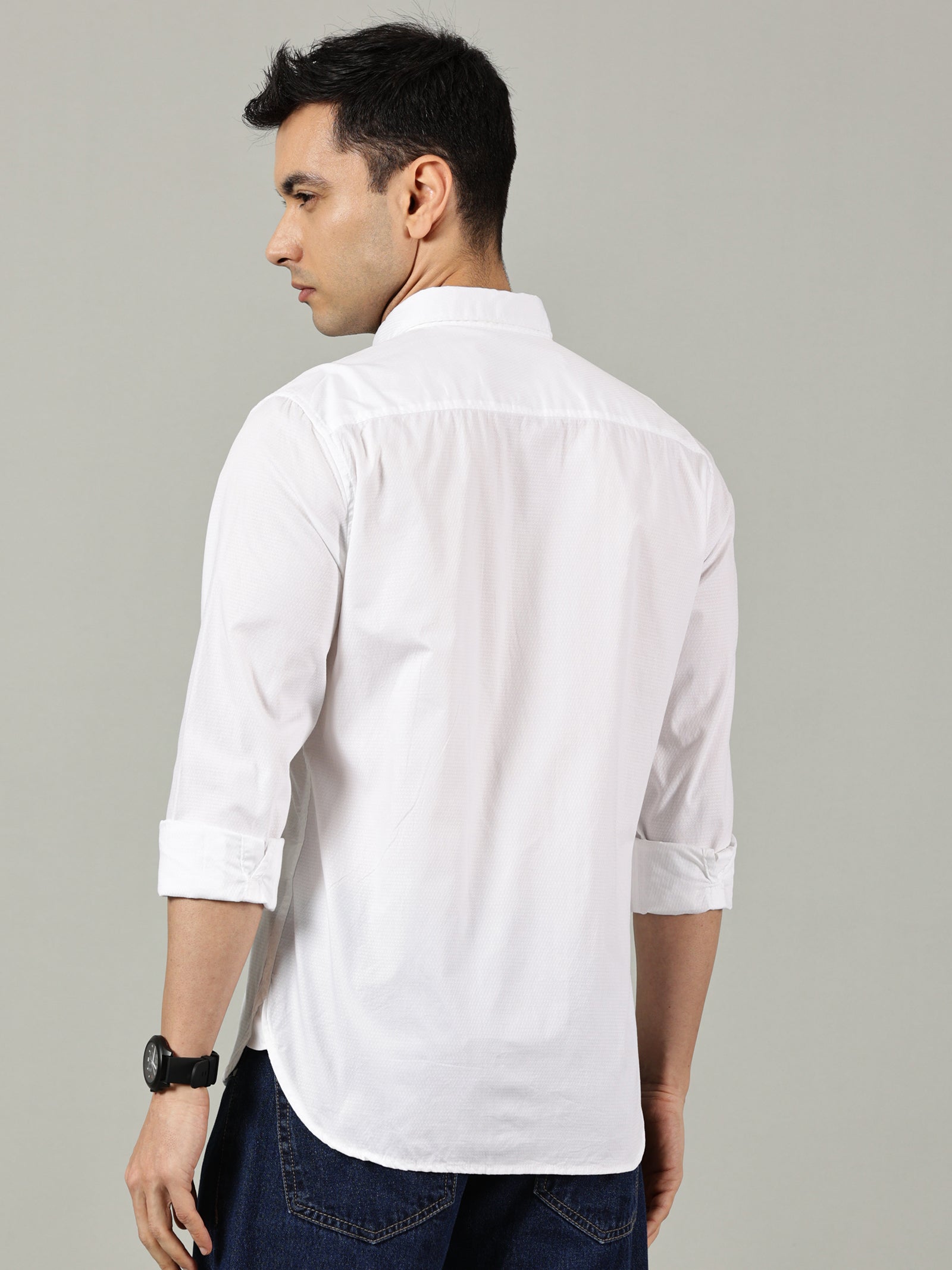 White Solid Slim Fit Cotton Shirt for Men