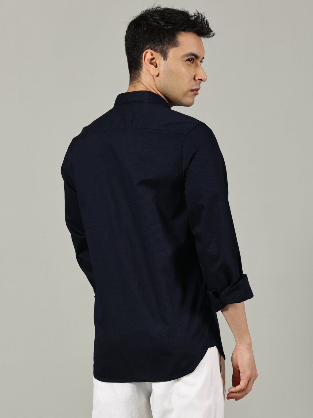 Navy Blue Solid Cotton Casual Shirt for Men