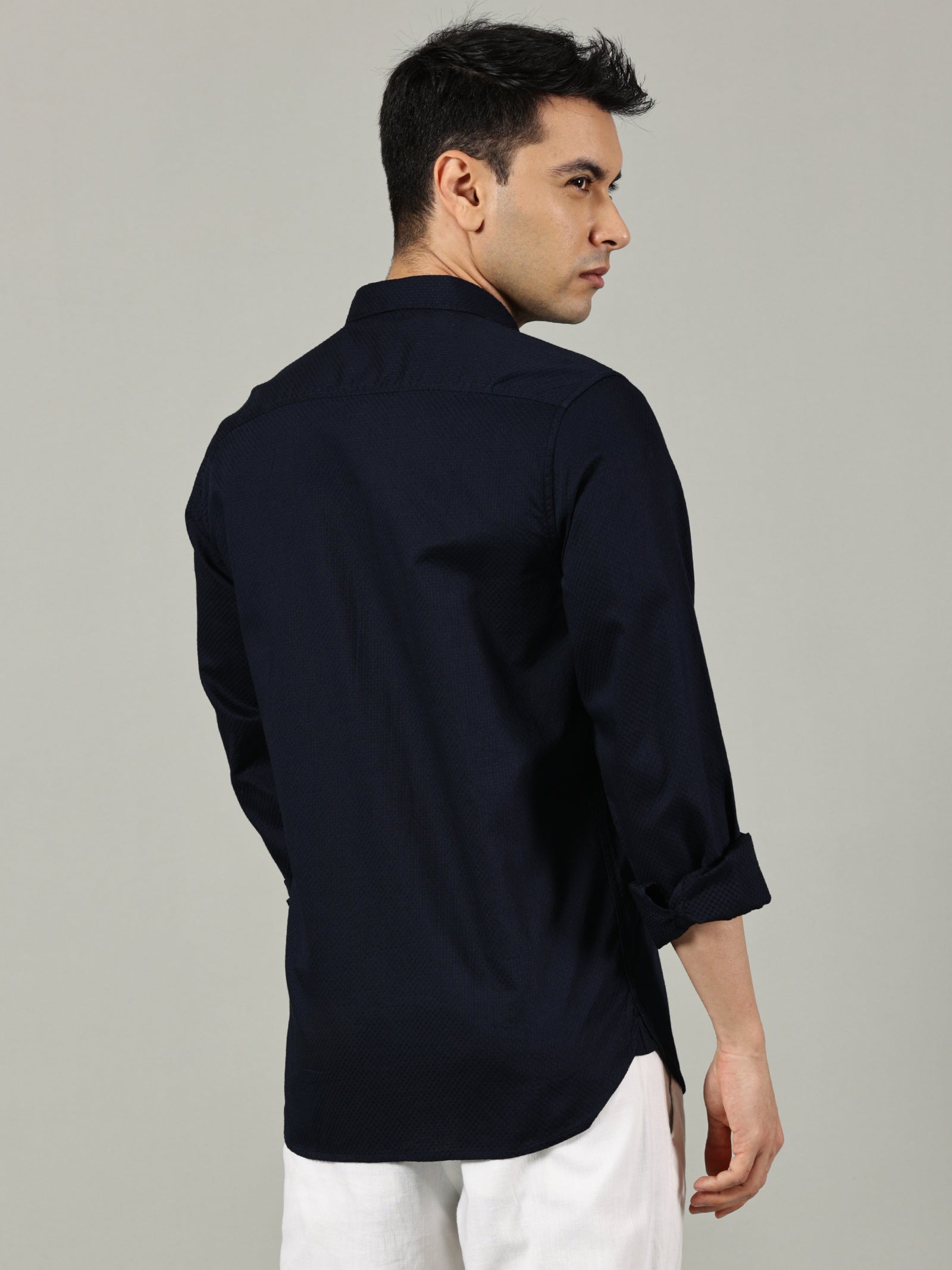 Navy Blue Solid Cotton Casual Shirt for Men