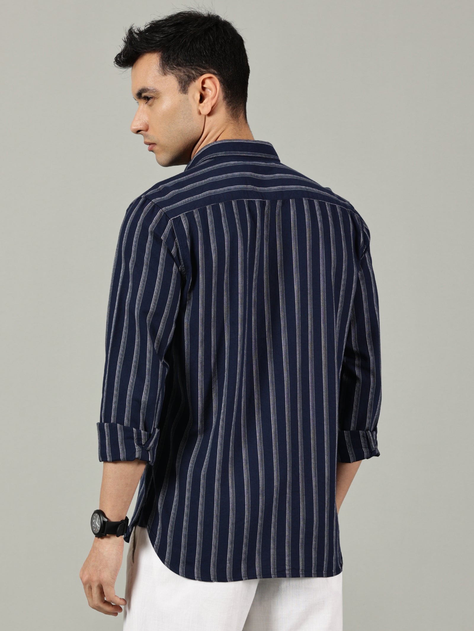 Navy Blue Vertical Striped Slim Fit Shirt for Men