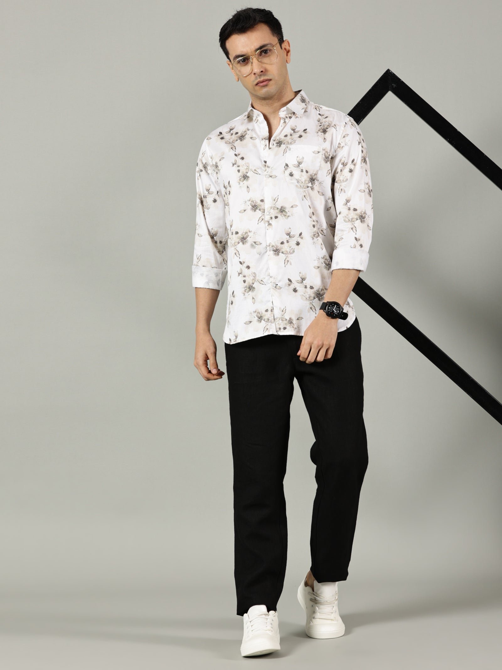 White Slim Fit Patterned Shirt for Men