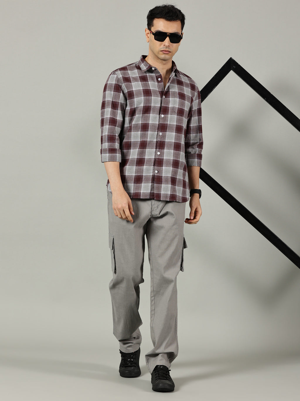 Maroon & Grey Checked Casual Shirt for Men