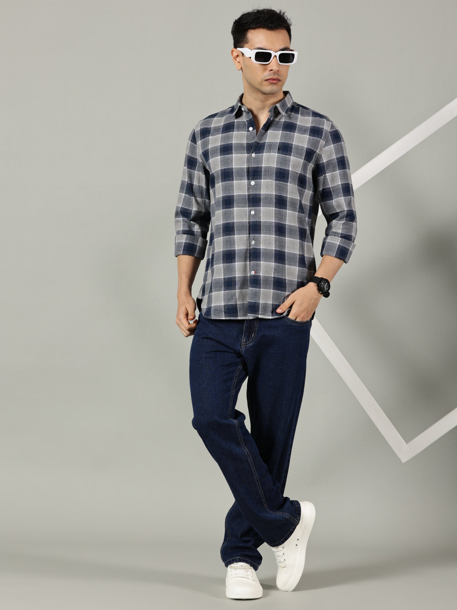 Light Blue Checked Casual Shirt for Men