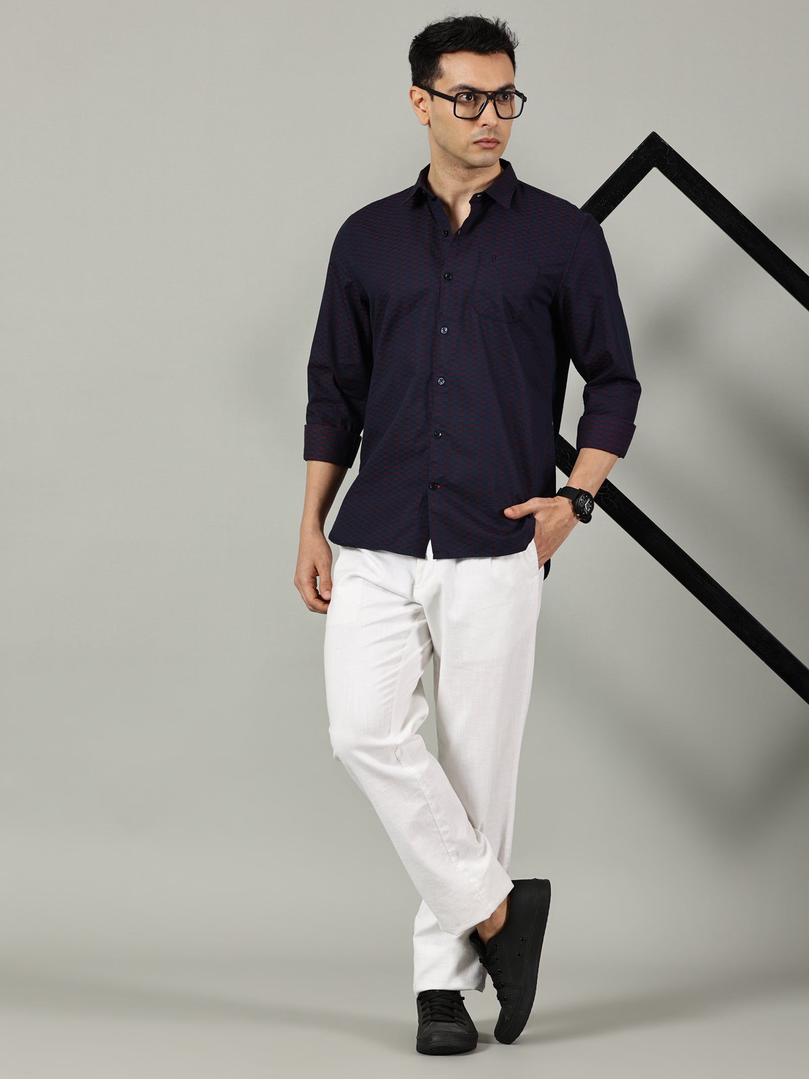 Navy Blue Micro-Printed Slim Fit Cotton Shirt for Men