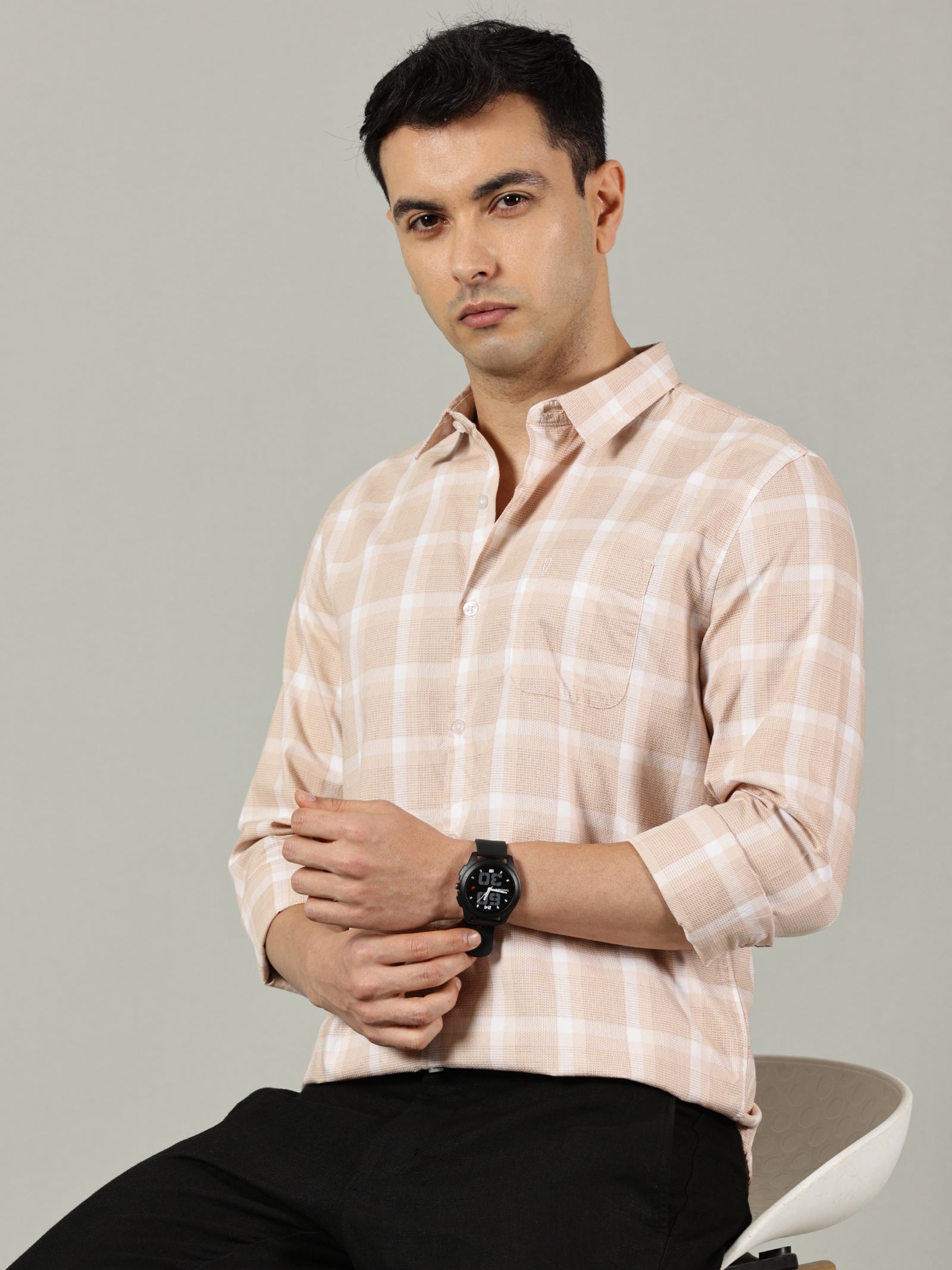 Navy Grey Checked Slim Fit Shirt for Men
