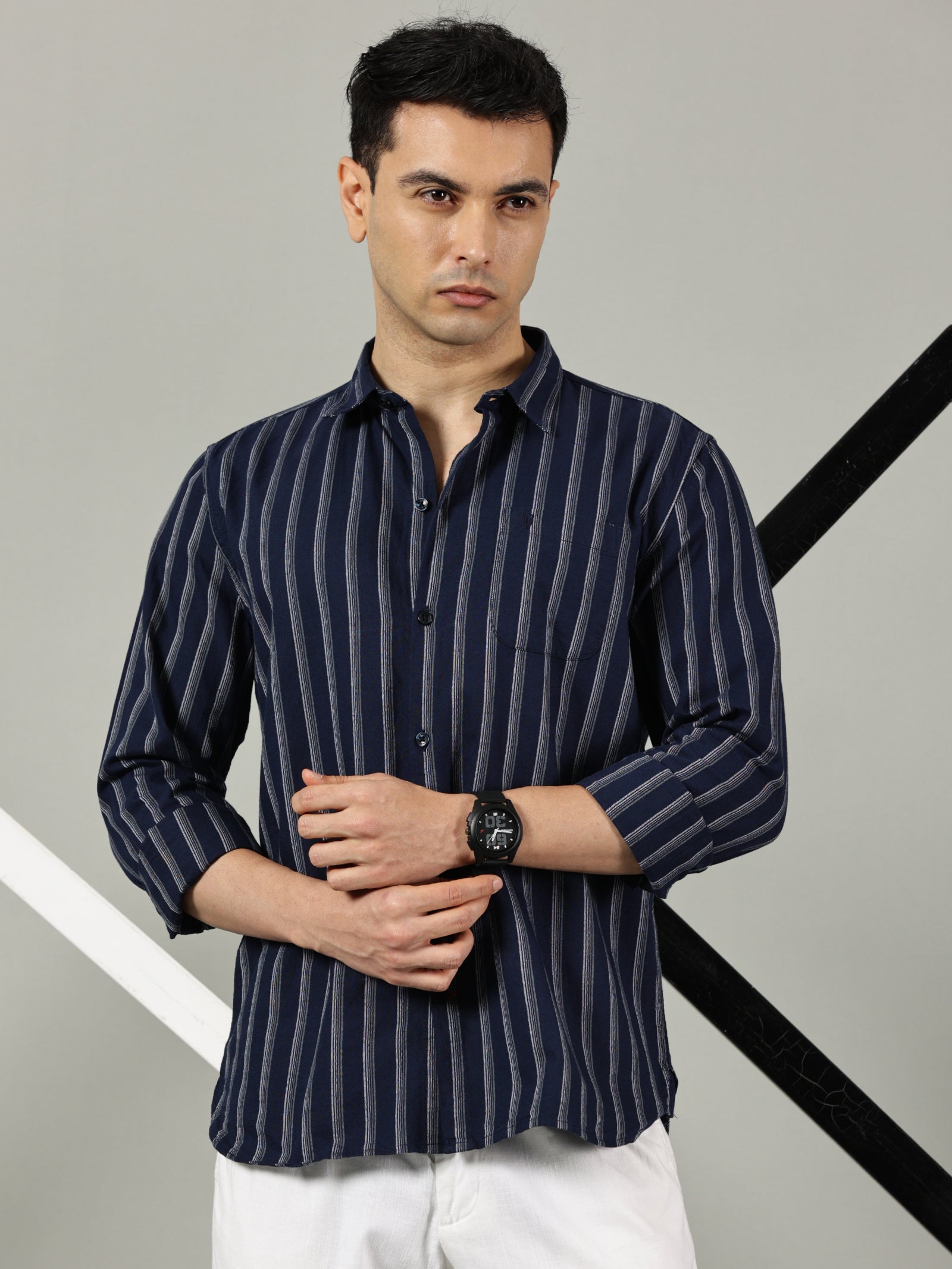 Navy Blue Vertical Striped Slim Fit Shirt for Men