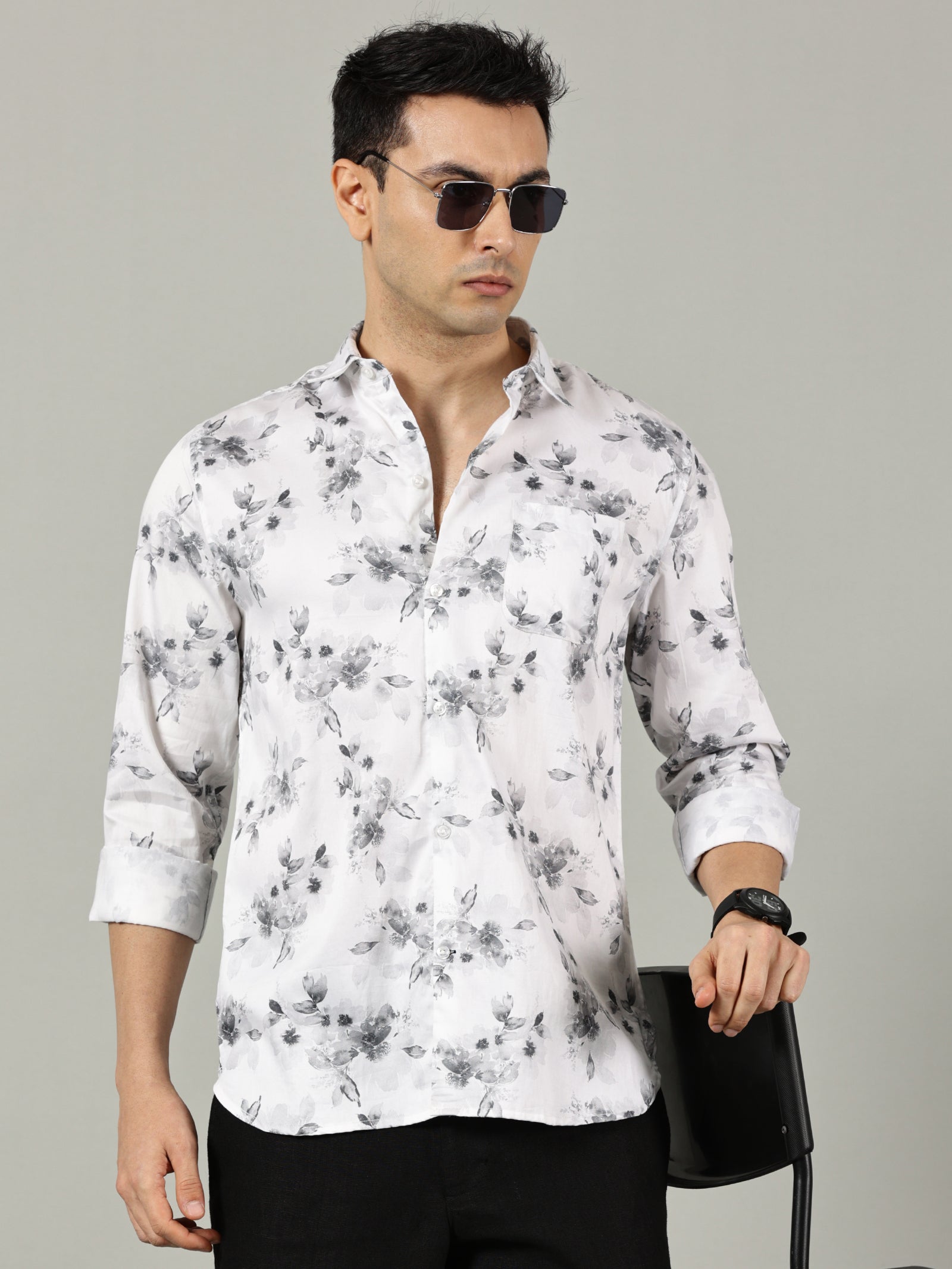 White & Beige Floral Casual Shirt for Men