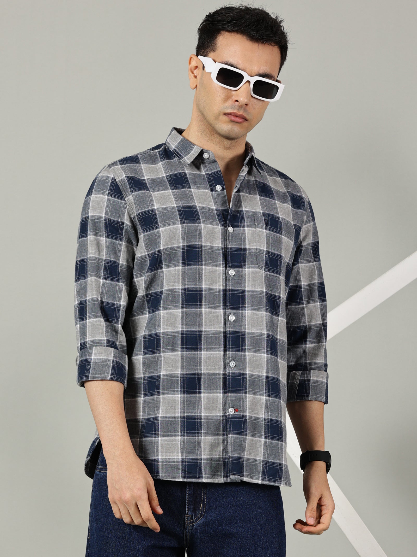 Light Blue Checked Casual Shirt for Men