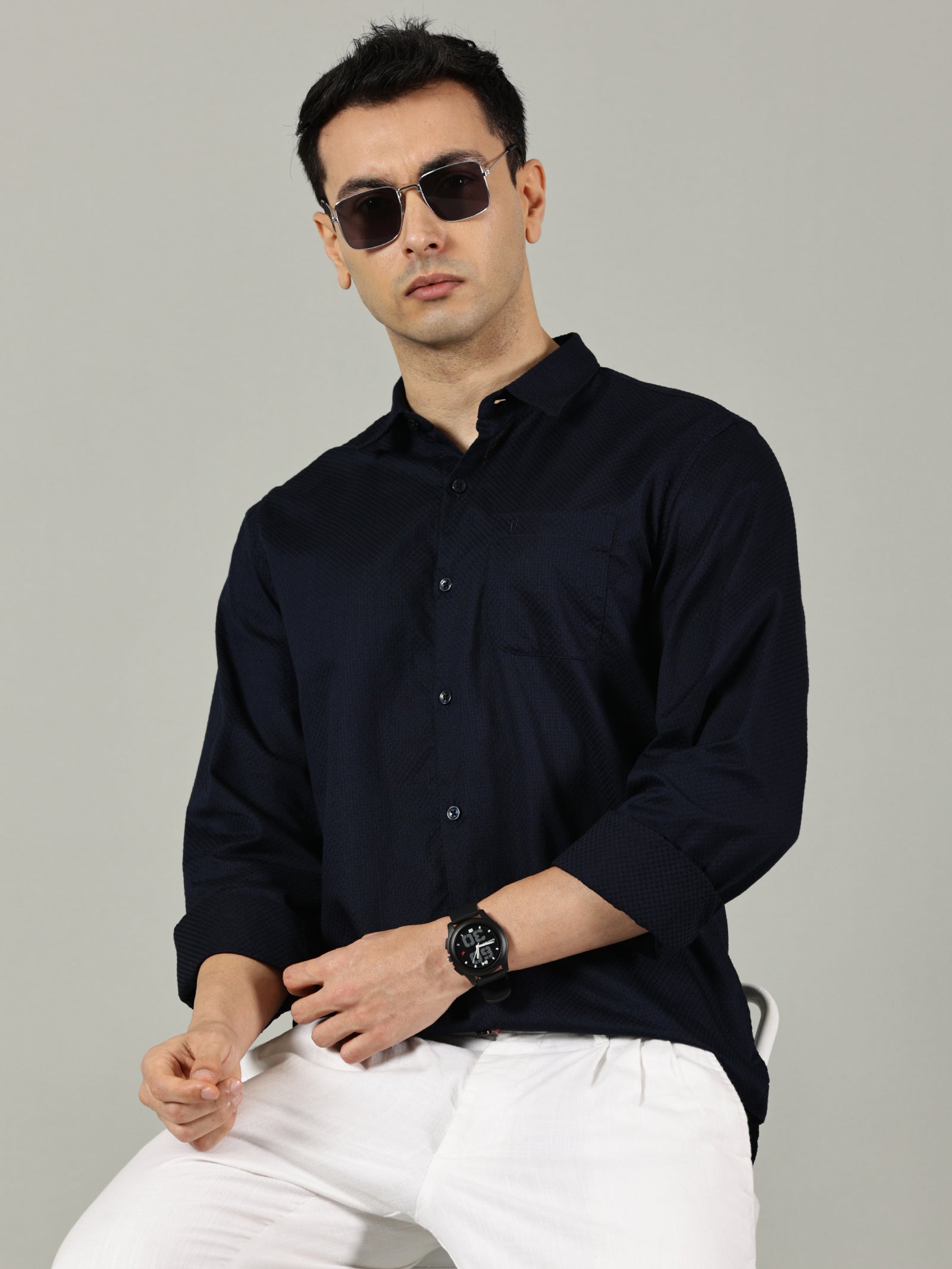 Navy Blue Solid Cotton Casual Shirt for Men