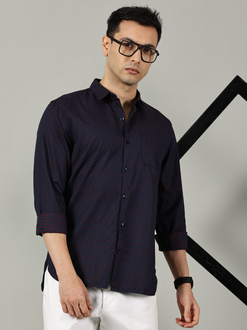 Navy Blue Micro-Printed Slim Fit Cotton Shirt for Men