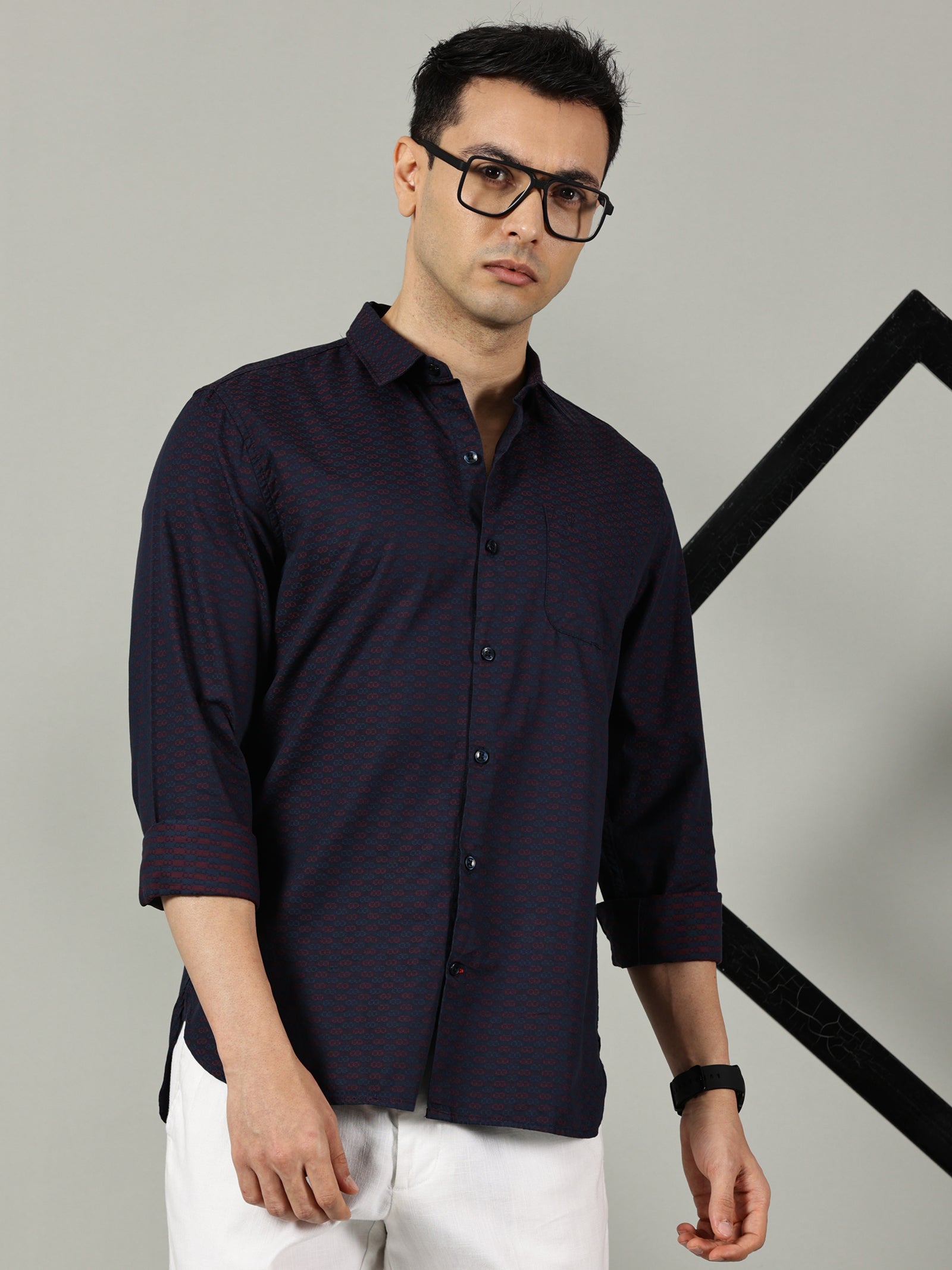 Navy Blue Micro-Printed Slim Fit Cotton Shirt for Men