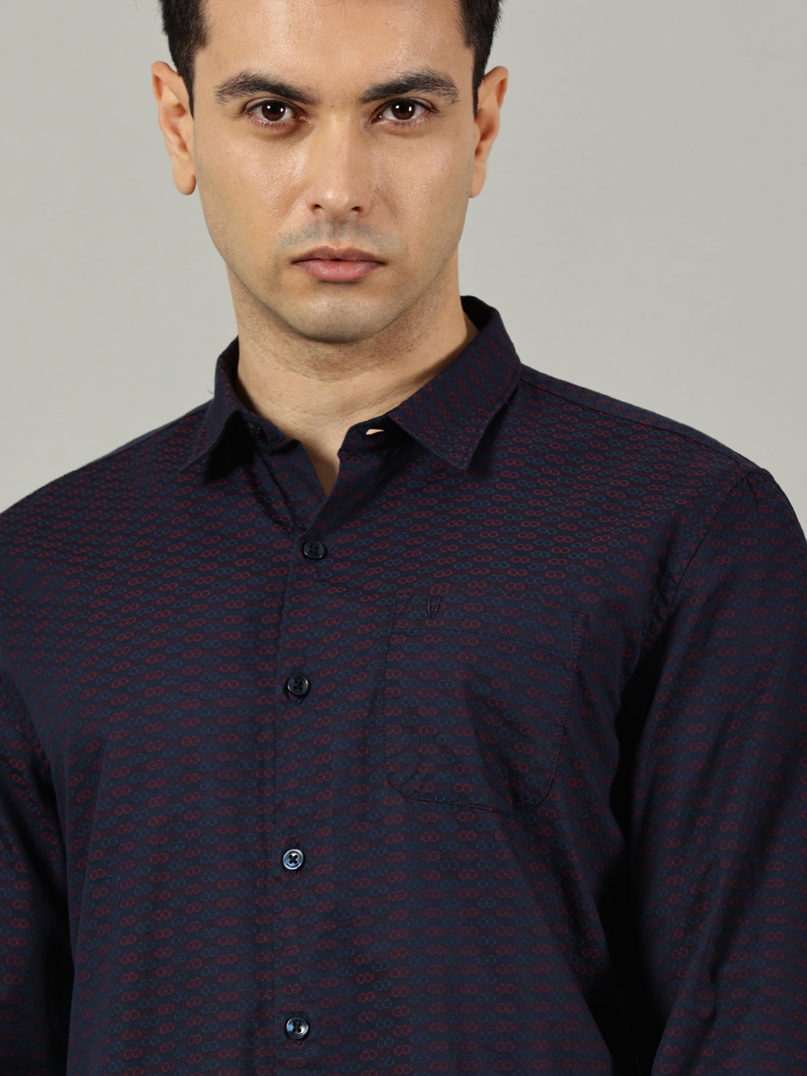 Navy Blue Micro-Printed Slim Fit Cotton Shirt for Men