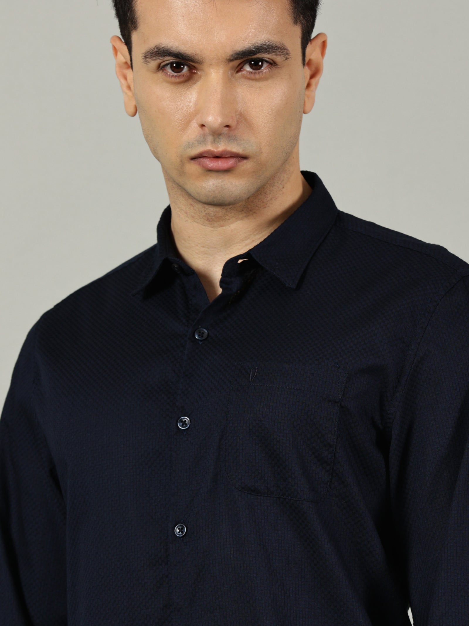 Navy Blue Solid Cotton Casual Shirt for Men